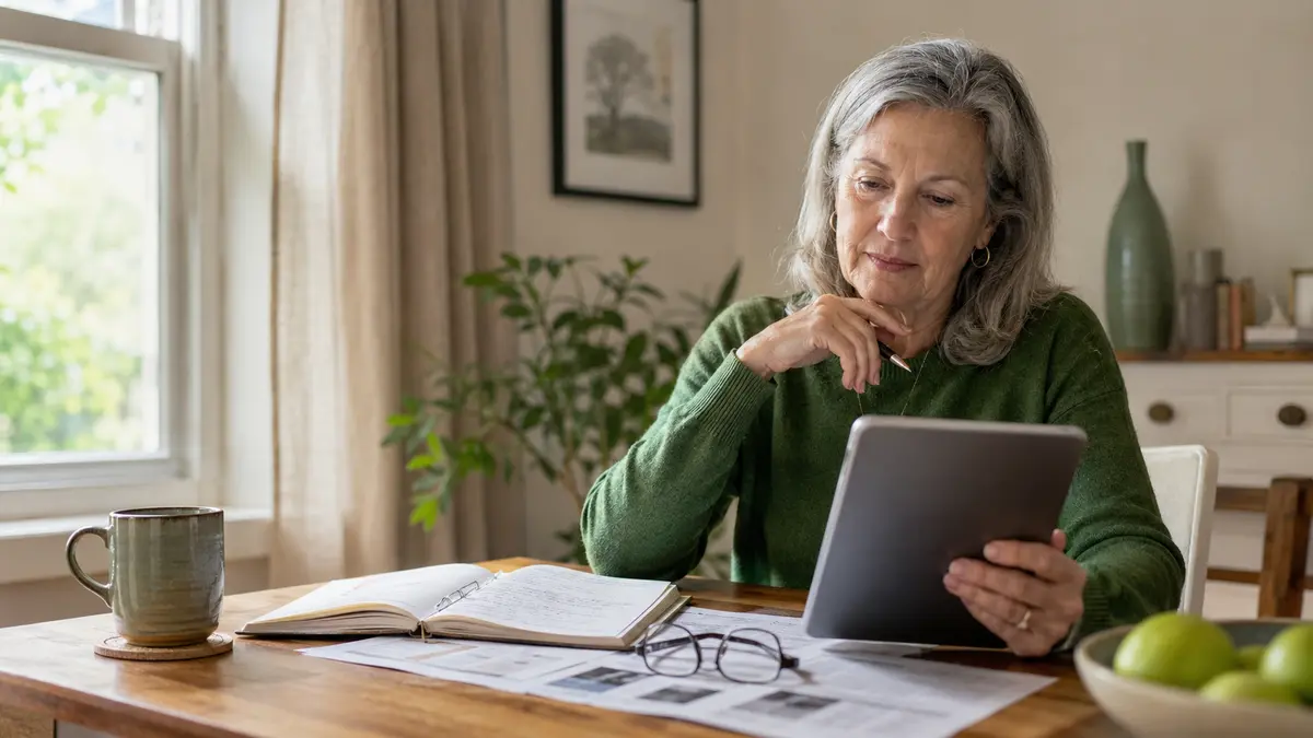 An older adult using a tablet and notes to better understand a recent medical appointment