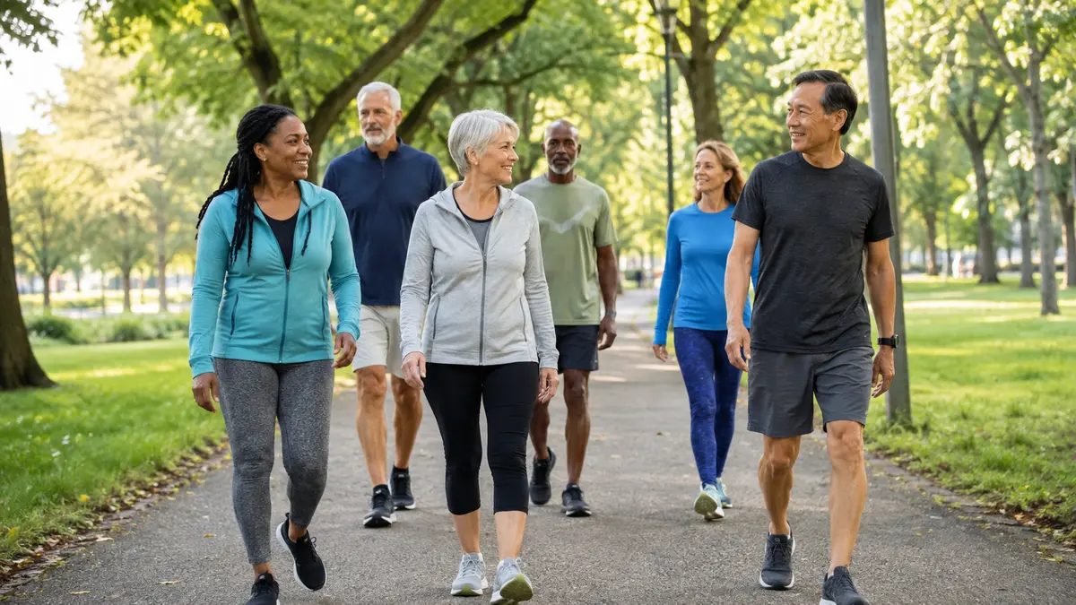 Adults over 45 walking together on a tree-lined park path